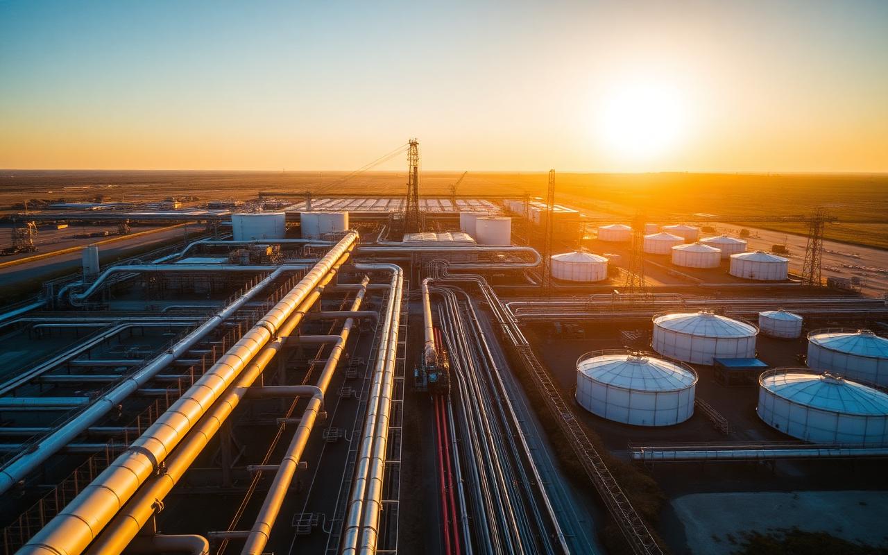 Oil and gas facility at golden hour